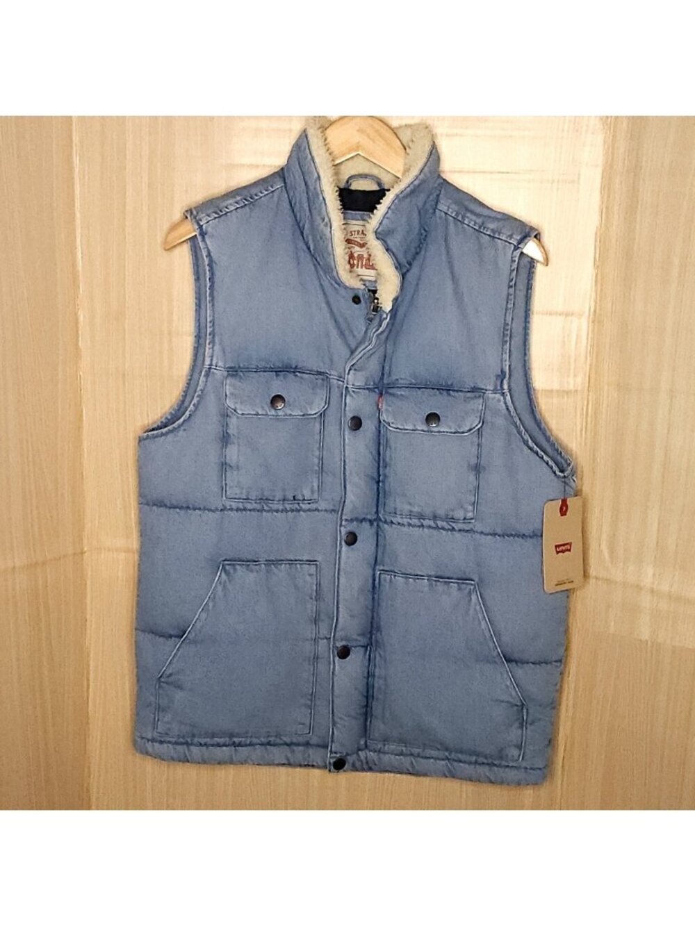 Levi's Mens New Blue Denim Heavyweight Puffer Quilted Vest Sherpa Collar Small